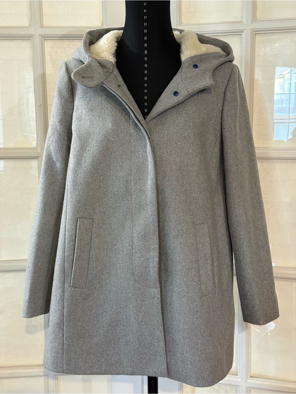 J. Crew Light Gray Hooded Pea Coat with Sherpa Trim